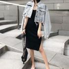 Ripped Crop Denim Jacket / Spaghetti Strap Slit Dress