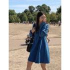Puff-sleeve Lace-up Denim Dress One Size
