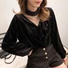 Mesh Panel Long-sleeve Velvet Top Black - One Size