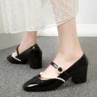Faux Pearl Patent Block Heel Mary Jane Pumps