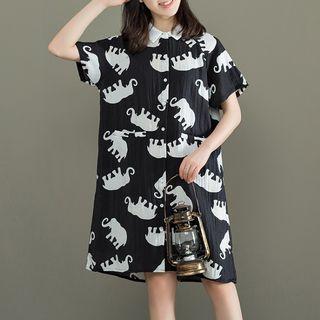 Elephant Print Short-sleeve Shirtdress