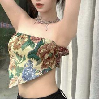 Strapless Print Crop Top Brown & Blue Floral - Yellow - One Size