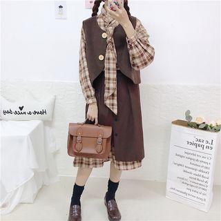 Plaid Shirt / Buttoned Vest / Mock Two Piece Midi Skirt