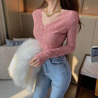Plain V-neck Cropped Lace Top