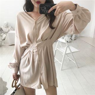 V-neck Pleated Shirtdress
