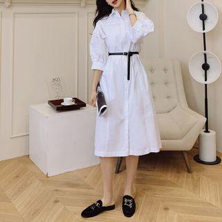 Elbow-sleeve Plain Midi A-line Shirtdress