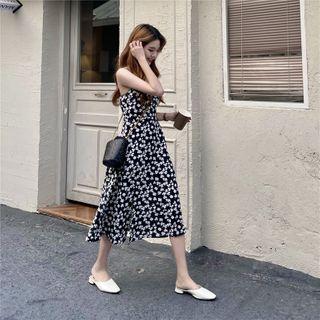 Spaghetti Strap Floral Slit Midi A-line Dress Black - One Size