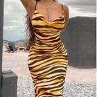 Spaghetti Strap Tiger Print Midi Bodycon Dress