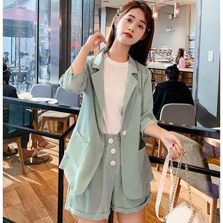 Set: Single-button Elbow-sleeve Blazer + High-waist Wide-leg Shorts