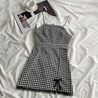 Square-neck Short-sleeve Top / Lace Panel Houndstooth Dress ( Various Designs )
