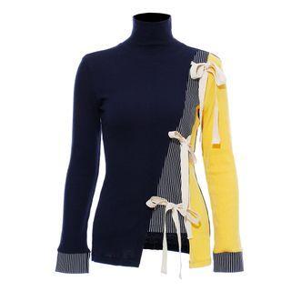 Long-sleeve Turtleneck Color Block Bow Knit Top Navy Blue & Yellow - One Size