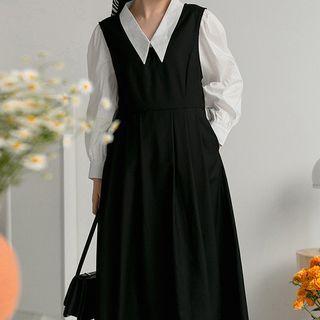 Plain Blazer / Plain Shirt / Midi A-line Overall Dress