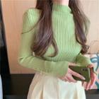 Long-sleeve Mock Neck Plain Ribbed Knit Top Green - One Size