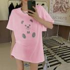 Short-sleeve Rhinestone Bear Embossed T-shirt