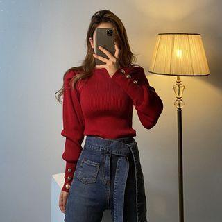 Buttoned Cuff Lantern-sleeve Sweater