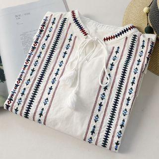 Tasseled Embroidered Short Sleeve Top