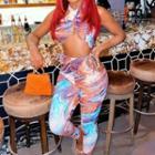 Set: Printed Halter Cropped Top + Printed High-waist Cut-out Pants