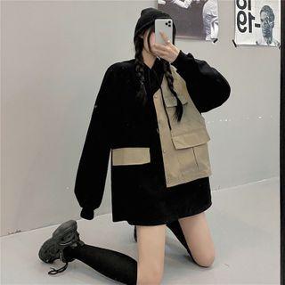 Mock Two-piece Asymmetrical Hoodie Black & Khaki - One Size