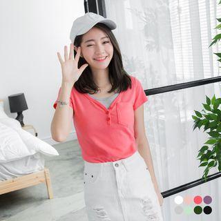 Short-sleeve Layered Look Longline Henley Tee