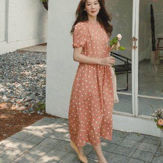Puff-sleeve Polka-dot Long Dress