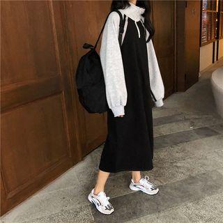 Puff-sleeve Two-tone Zip Collar Midi Shift Dress