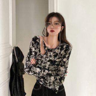 Asymmetrical Long-sleeve Cutout Tie-dyed T-shirt