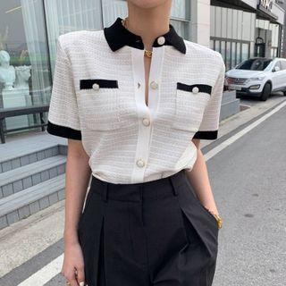 Contrast Trim Beaded Button Knit Cardigan