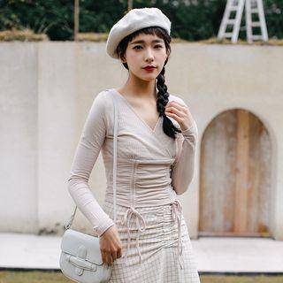 Long-sleeve Drawstring Ruffled Knit Top