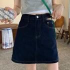 Cutout-waist Mini Denim A-line Skirt