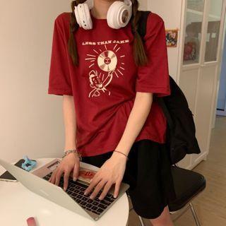 Short-sleeve Printed T-shirt Wine Red - One Size