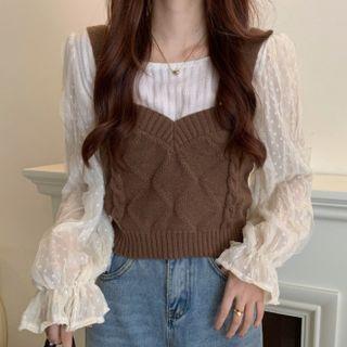 Bell-sleeve Lace Blouse / Sweater Vest