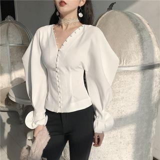 Plain V-neck Slim-fit Blouse