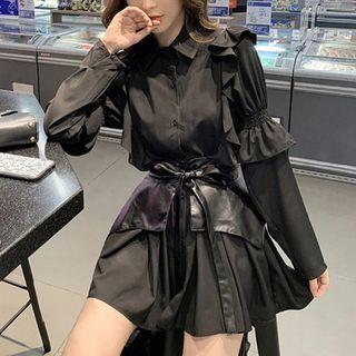 Set: Long-sleeve Ruffle Trim Mini Shirt Dress + Waist Belt