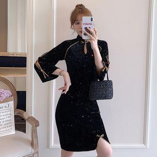 Elbow-sleeve Velvet Mini Bodycon Qipao Dress