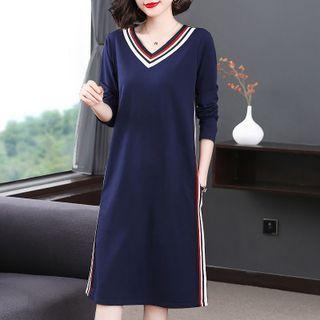 Long-sleeve Stripe Trim A-line Dress