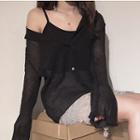 Set : Bell-sleeve Loose-fit Long-sleeve Blouse + Strap Top