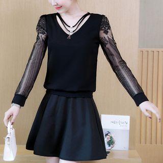 Pendant Mesh-sleeve Chiffon Blouse