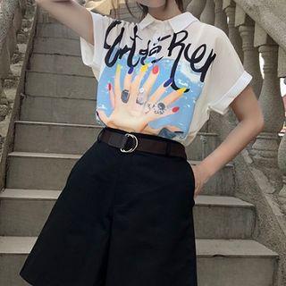 Set: Short-sleeve Print Shirt + Wide-leg Shorts