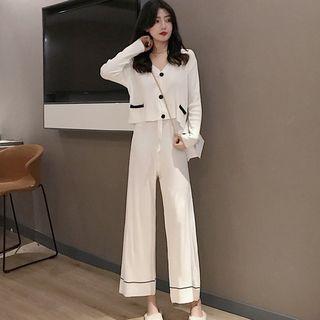 Set: Color Block Cardigan + Wide-leg Pants