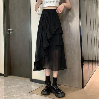 Elastic-waist Asymmetrical Mesh Layered Skirt