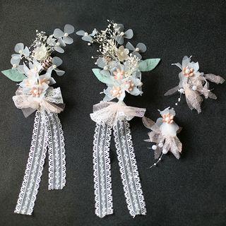 Set: Wedding Flower Headpiece (2 Pcs) + Flower Clip-on Earring As Shown In Figure - One Size