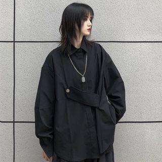 Long-sleeve Button-front Loose-fit Shirt Black - One Size