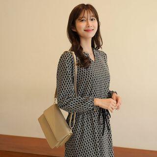 V-neck Drawstring-waist Patterned Dress Dark Navy Blue - One Size
