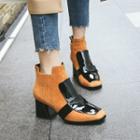 Color Panel Chunky Heel Ankle Boots