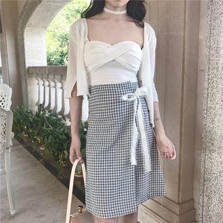 Strapless Wrapped Top / Wrap Front Plaid Midi Skirt