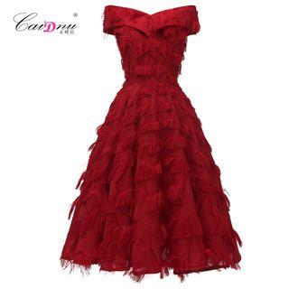 Off-shoulder Fringed Midi Prom Dress