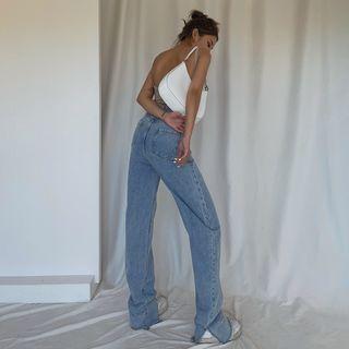 Asymmetrical Slit-hem Straight-cut Jeans