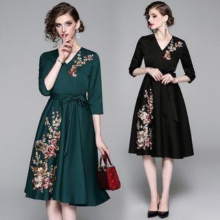 Flower Embroidered V-neck 3/4-sleeve A-line Dress