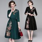 Flower Embroidered V-neck 3/4-sleeve A-line Dress