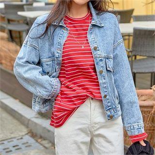 Letter-embroidered Washed Denim Jacket Blue - One Size